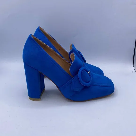 YDN Blue Suede Chunky High Heel Square Toe Loafer Buckle Office Pumps - Picture 5 of 11